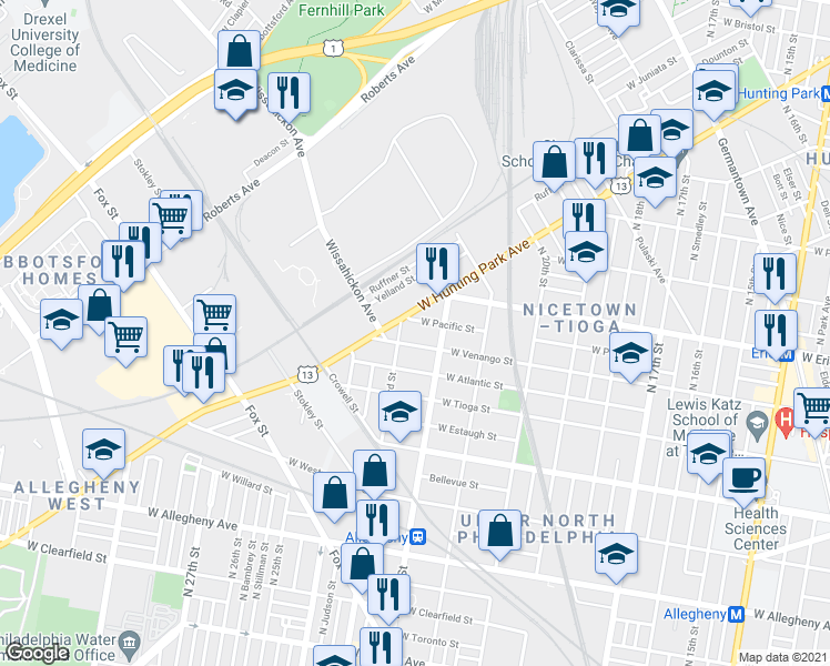 map of restaurants, bars, coffee shops, grocery stores, and more near 2221 West Venango Street in Philadelphia