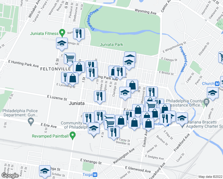 map of restaurants, bars, coffee shops, grocery stores, and more near 4113 K Street in Philadelphia