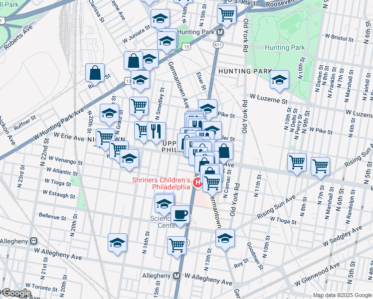 map of restaurants, bars, coffee shops, grocery stores, and more near 3710 North Carlisle Street in Philadelphia