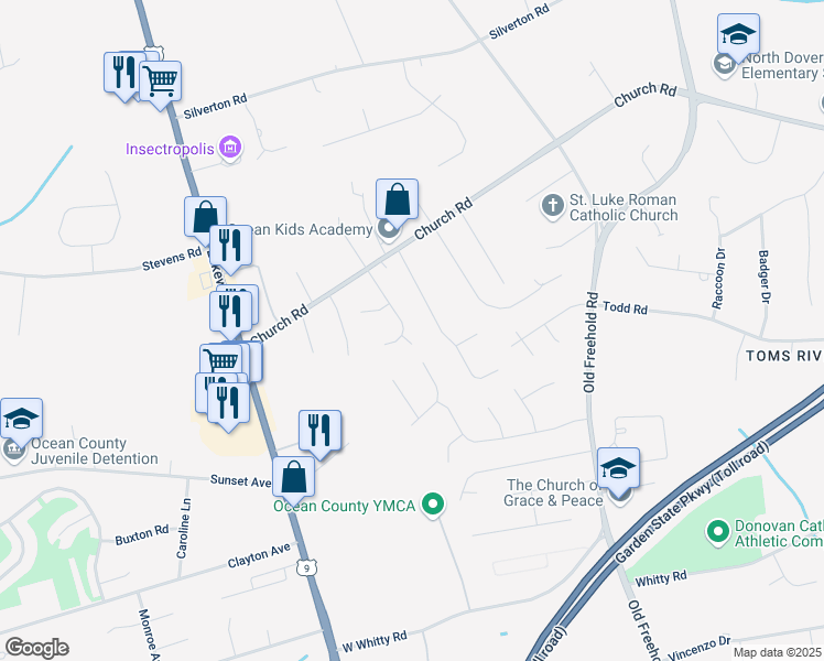 map of restaurants, bars, coffee shops, grocery stores, and more near 1580 Julia Court in Toms River
