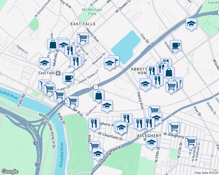 map of restaurants, bars, coffee shops, grocery stores, and more near 3449 Scotts Lane in Philadelphia