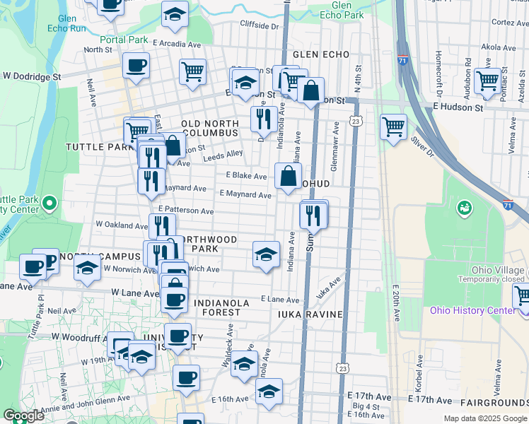 map of restaurants, bars, coffee shops, grocery stores, and more near 215 East Patterson Avenue in Columbus