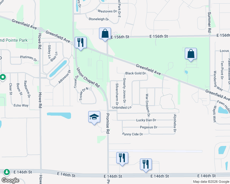 map of restaurants, bars, coffee shops, grocery stores, and more near 15193 Silvercharm Drive in Noblesville