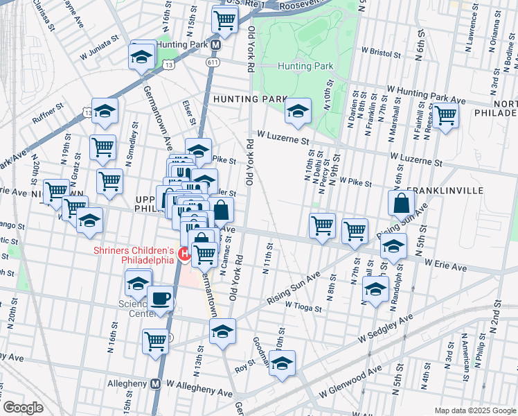 map of restaurants, bars, coffee shops, grocery stores, and more near 3705 Old York Rd in Philadelphia