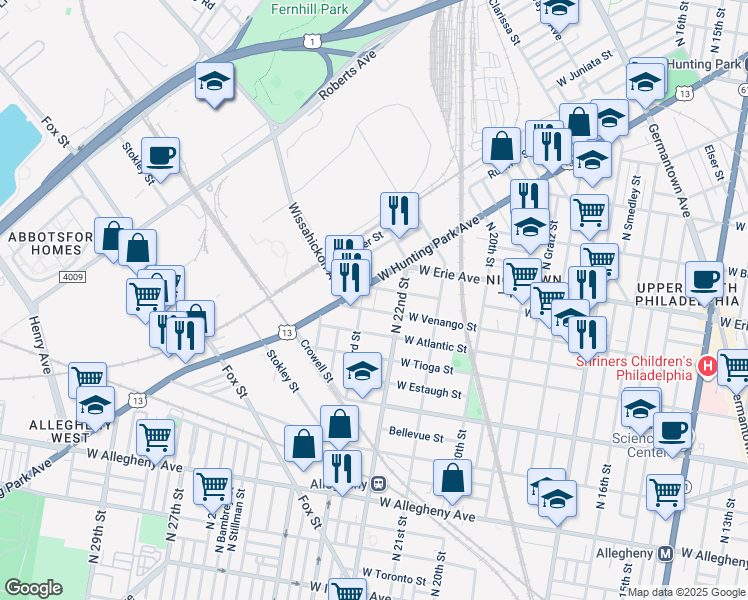 map of restaurants, bars, coffee shops, grocery stores, and more near 2223 West Venango Street in Philadelphia