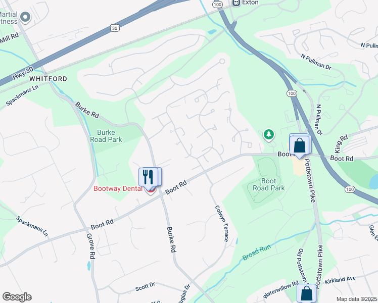 map of restaurants, bars, coffee shops, grocery stores, and more near 239 Corwen Terrace in West Chester