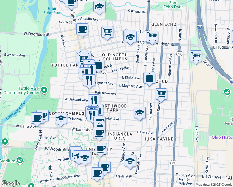 map of restaurants, bars, coffee shops, grocery stores, and more near East Patterson Avenue in Columbus