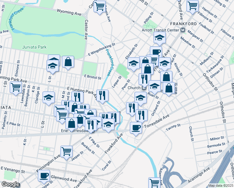 map of restaurants, bars, coffee shops, grocery stores, and more near 1439 Adams Ave in Philadelphia
