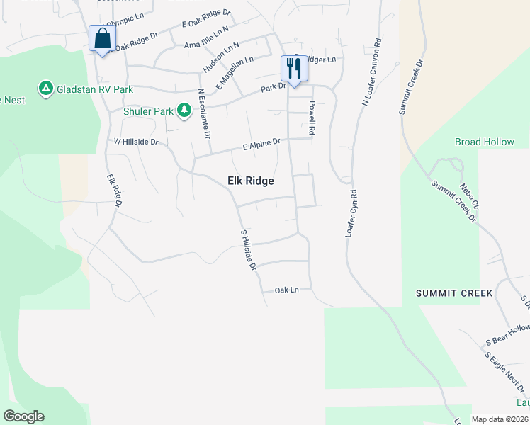 map of restaurants, bars, coffee shops, grocery stores, and more near 256 Cody Circle in Elk Ridge