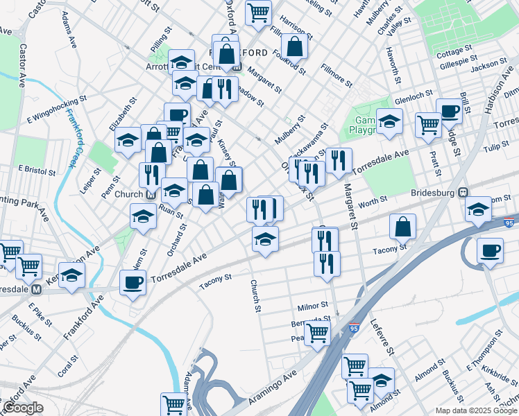 map of restaurants, bars, coffee shops, grocery stores, and more near 2003 Kinsey Street in Philadelphia
