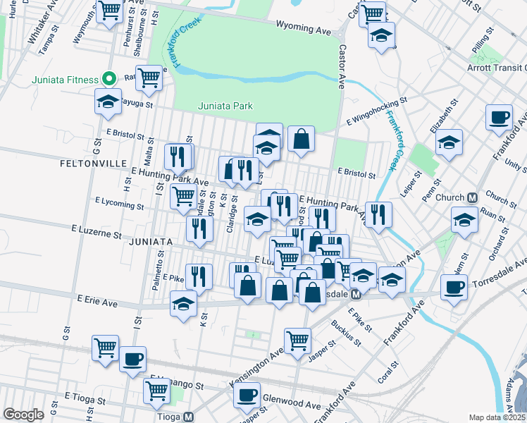 map of restaurants, bars, coffee shops, grocery stores, and more near 4130 Dungan Street in Philadelphia