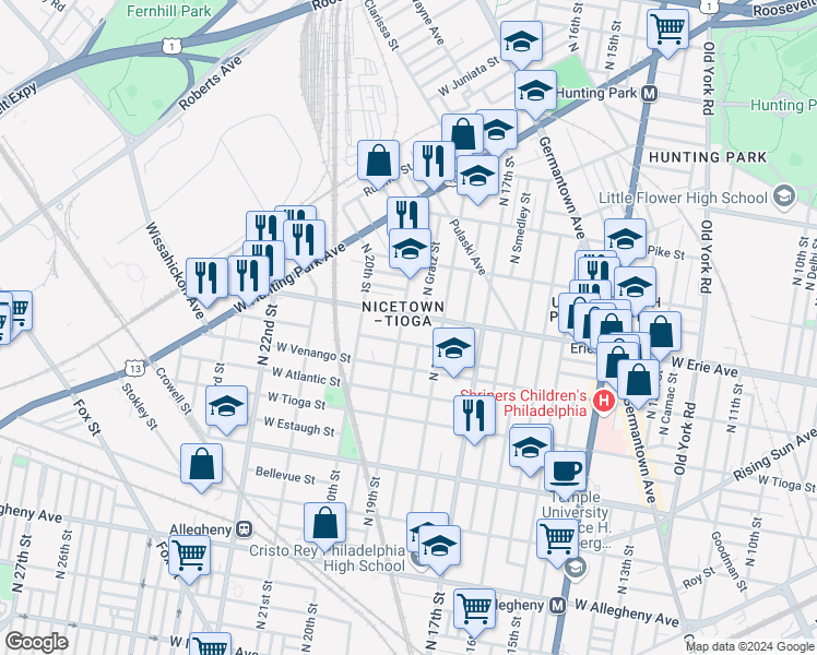 map of restaurants, bars, coffee shops, grocery stores, and more near 3639 North 19th Street in Philadelphia