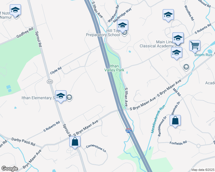 map of restaurants, bars, coffee shops, grocery stores, and more near 39 Haymarket Lane in Bryn Mawr