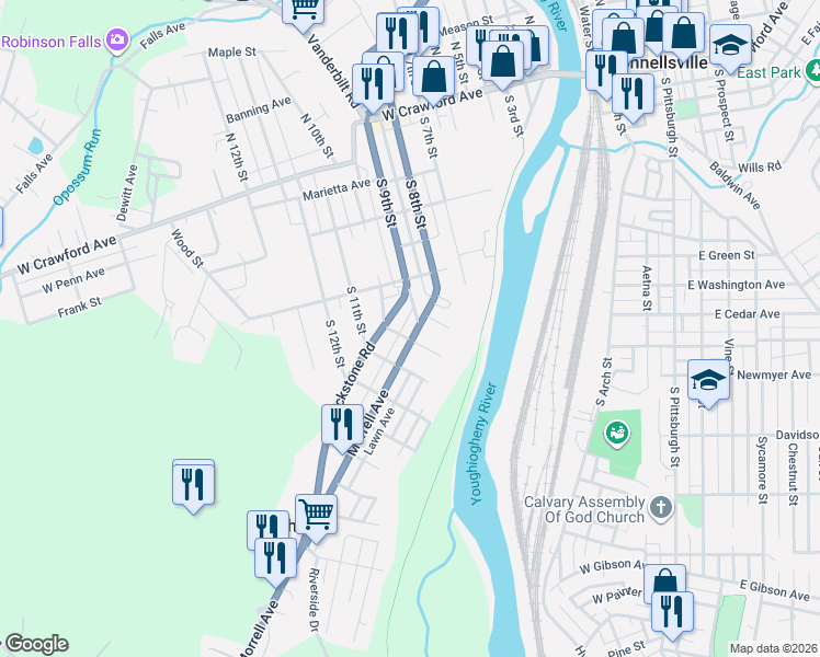 map of restaurants, bars, coffee shops, grocery stores, and more near 617 Morrell Avenue in Connellsville