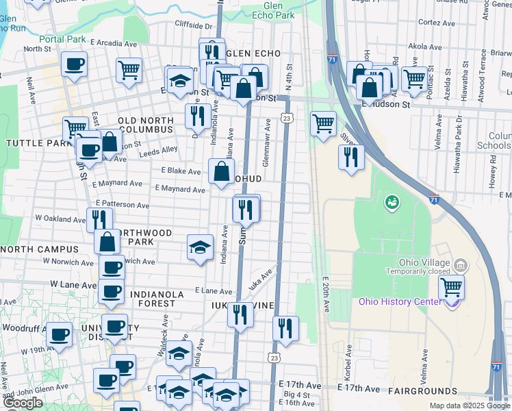 map of restaurants, bars, coffee shops, grocery stores, and more near 379 Wyandotte Avenue in Columbus
