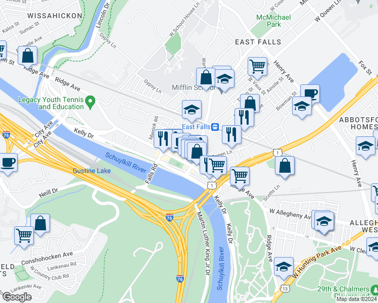 map of restaurants, bars, coffee shops, grocery stores, and more near 3673 Eveline Street in Philadelphia