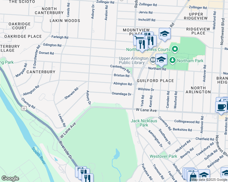 map of restaurants, bars, coffee shops, grocery stores, and more near 2321 Onandaga Drive in Columbus