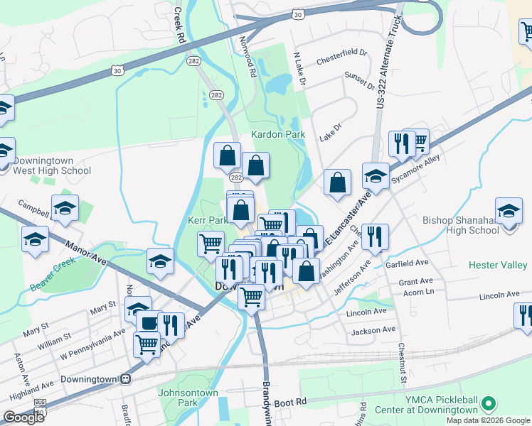 map of restaurants, bars, coffee shops, grocery stores, and more near 187 Pennsylvania 282 in Downingtown