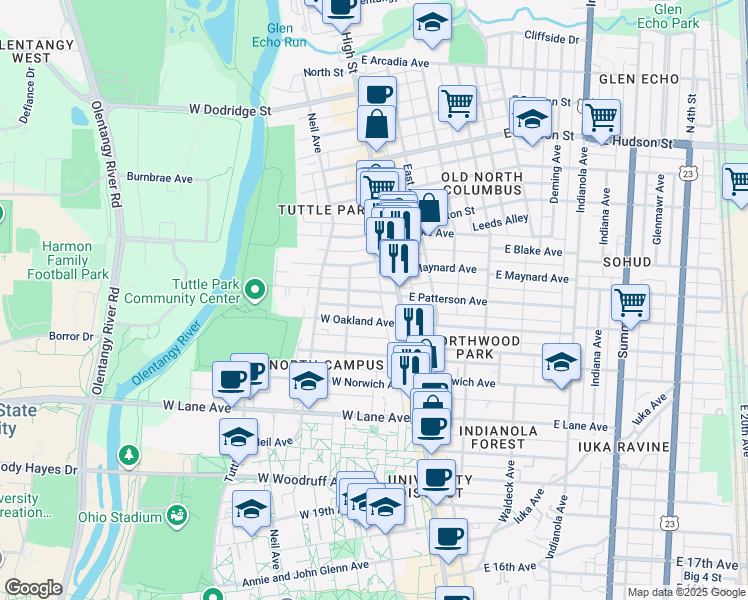 map of restaurants, bars, coffee shops, grocery stores, and more near 58 West Oakland Avenue in Columbus