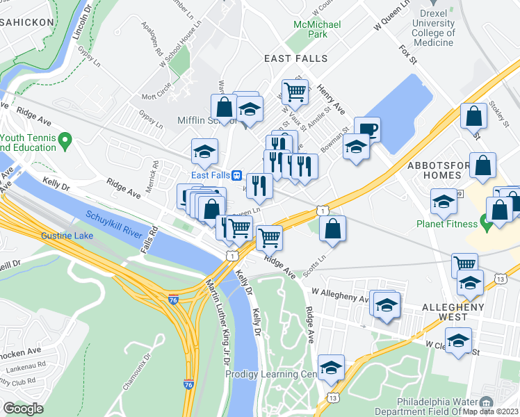 map of restaurants, bars, coffee shops, grocery stores, and more near Indian Queen Ln & Krail St in Philadelphia