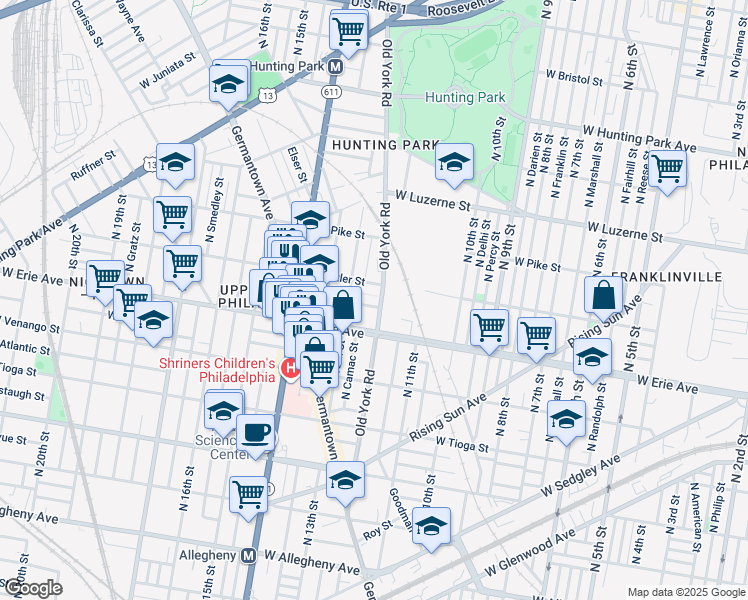 map of restaurants, bars, coffee shops, grocery stores, and more near 1207 West Airdrie Street in Philadelphia