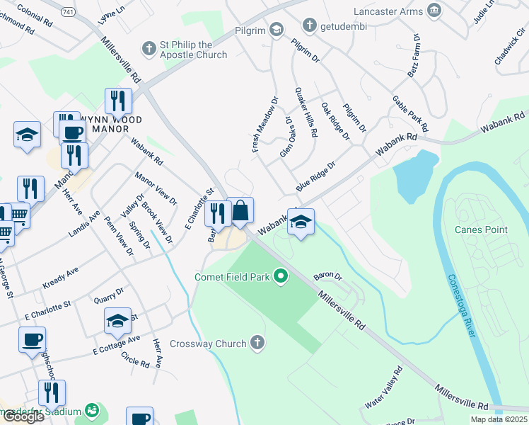 map of restaurants, bars, coffee shops, grocery stores, and more near 2101 Wabank Road in Millersville