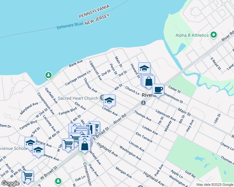 map of restaurants, bars, coffee shops, grocery stores, and more near 411 Thomas Avenue in Riverton