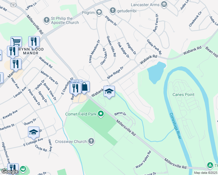 map of restaurants, bars, coffee shops, grocery stores, and more near 1990 Wabank Road in Lancaster