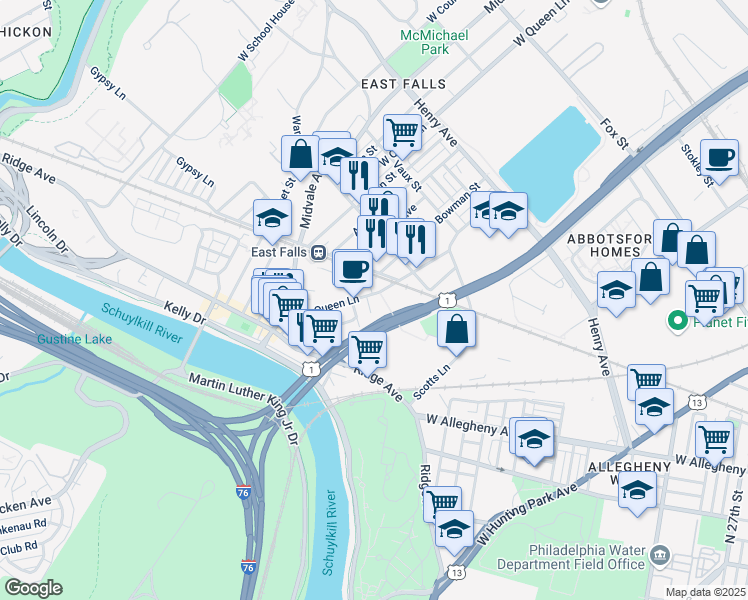 map of restaurants, bars, coffee shops, grocery stores, and more near 3544 Indian Queen Lane in Philadelphia
