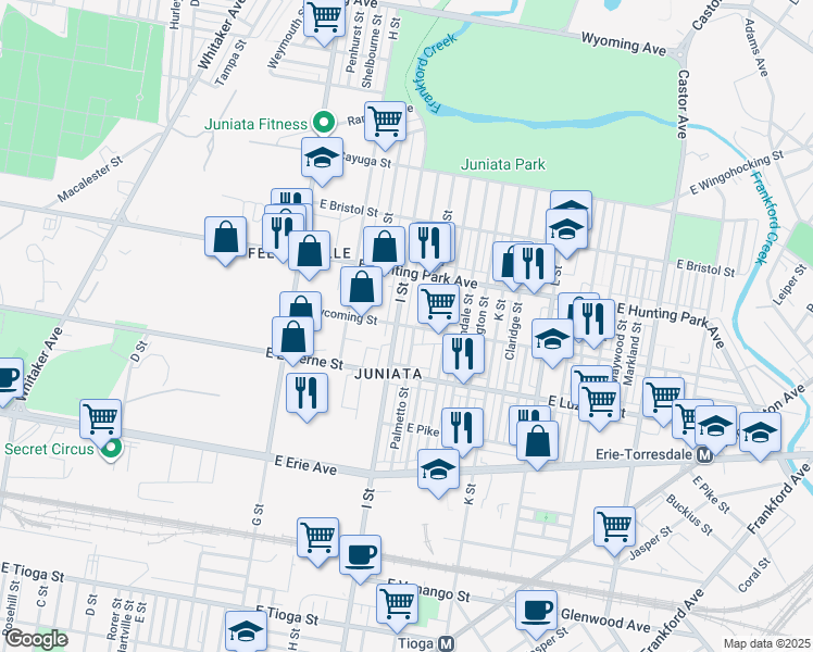 map of restaurants, bars, coffee shops, grocery stores, and more near 1008 East Lycoming Street in Philadelphia