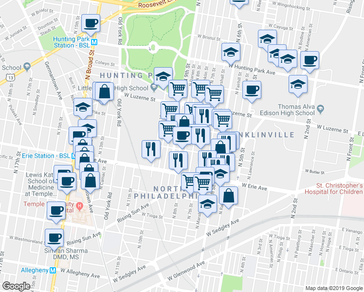map of restaurants, bars, coffee shops, grocery stores, and more near 722 West Butler Street in Philadelphia