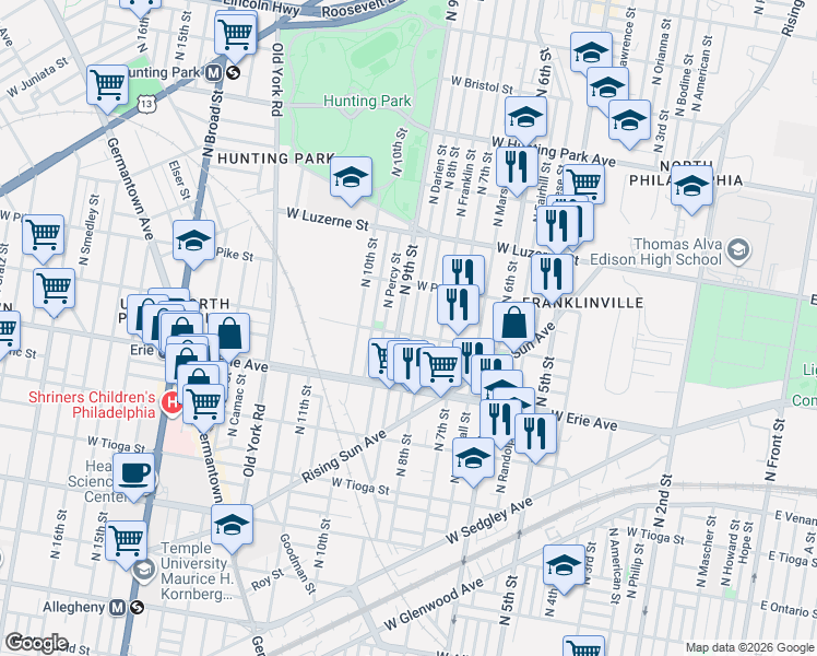 map of restaurants, bars, coffee shops, grocery stores, and more near 3757 North 9th Street in Philadelphia