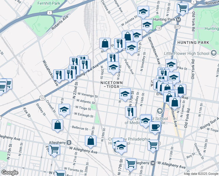 map of restaurants, bars, coffee shops, grocery stores, and more near 3621 North 19th Street in Philadelphia
