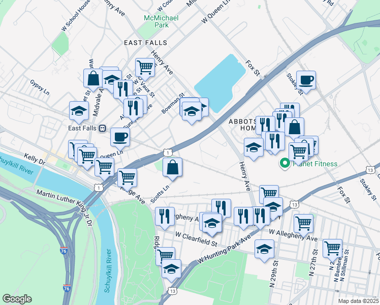 map of restaurants, bars, coffee shops, grocery stores, and more near 3595-3597 Scotts Ln in Philadelphia