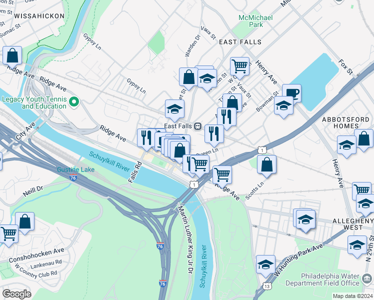 map of restaurants, bars, coffee shops, grocery stores, and more near in Philadelphia