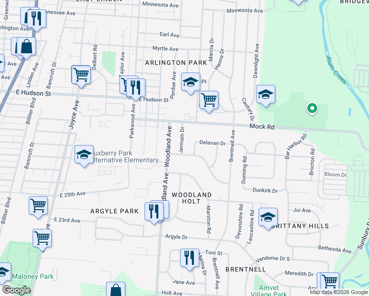 map of restaurants, bars, coffee shops, grocery stores, and more near 2168 Sagamore Road in Columbus