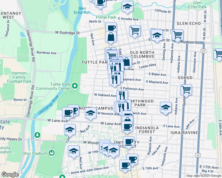 map of restaurants, bars, coffee shops, grocery stores, and more near 58 West Oakland Avenue in Columbus