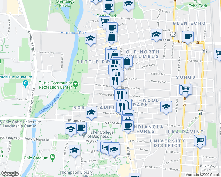 map of restaurants, bars, coffee shops, grocery stores, and more near 58 West Oakland Avenue in Columbus