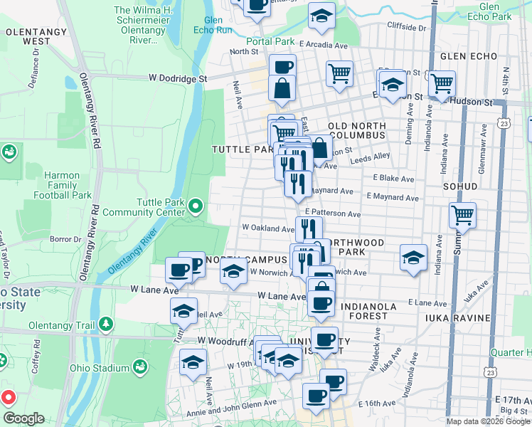 map of restaurants, bars, coffee shops, grocery stores, and more near 58 West Oakland Avenue in Columbus