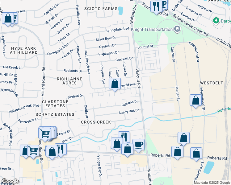 map of restaurants, bars, coffee shops, grocery stores, and more near 5027 Singleton Drive in Hilliard