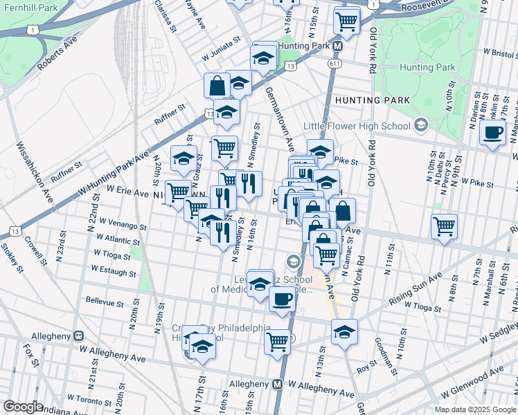 map of restaurants, bars, coffee shops, grocery stores, and more near 1541 West Erie Avenue in Philadelphia