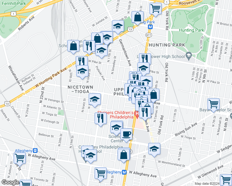 map of restaurants, bars, coffee shops, grocery stores, and more near 1543 West Erie Avenue in Philadelphia