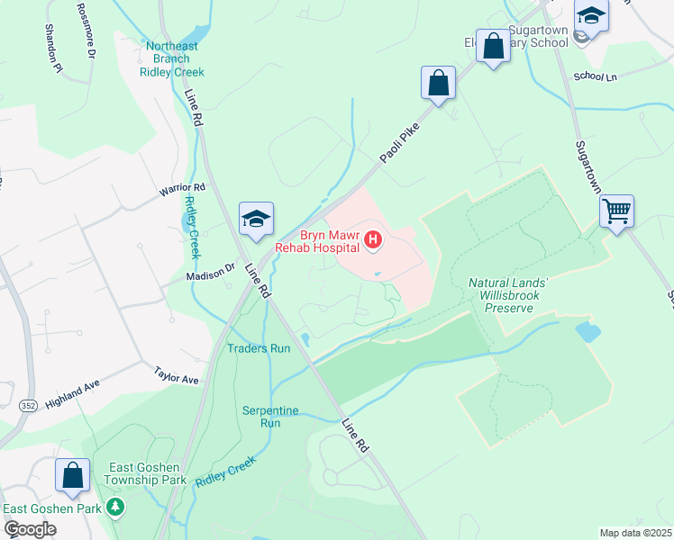 map of restaurants, bars, coffee shops, grocery stores, and more near 63 Boxwood Court in Malvern