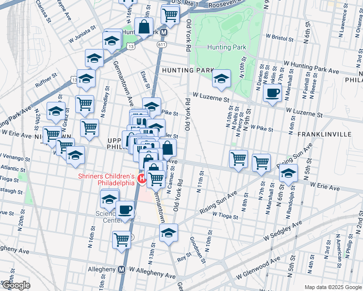 map of restaurants, bars, coffee shops, grocery stores, and more near 1211 West Airdrie Street in Philadelphia