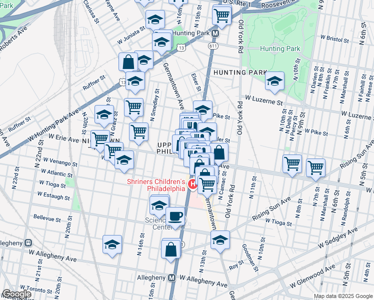 map of restaurants, bars, coffee shops, grocery stores, and more near 3715 North Carlisle Street in Philadelphia
