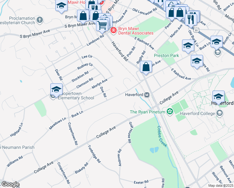 map of restaurants, bars, coffee shops, grocery stores, and more near 2 Barrister Court in Haverford