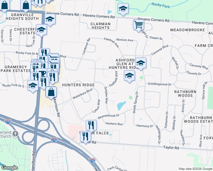 map of restaurants, bars, coffee shops, grocery stores, and more near 334 Dellfield Way in Columbus