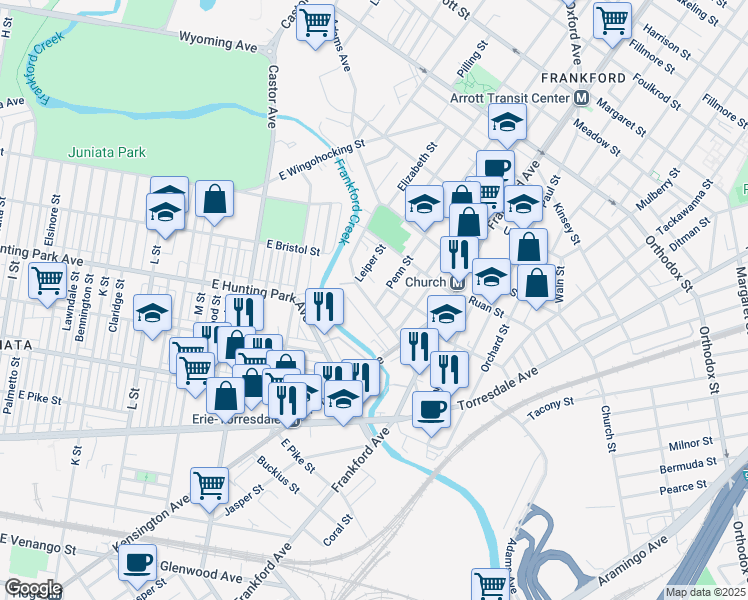 map of restaurants, bars, coffee shops, grocery stores, and more near 1439 Adams Ave in Philadelphia