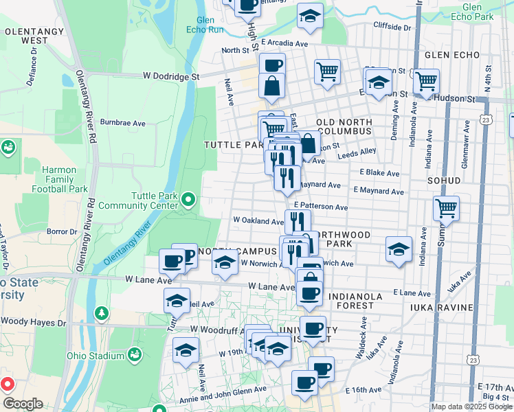map of restaurants, bars, coffee shops, grocery stores, and more near 58 West Oakland Avenue in Columbus