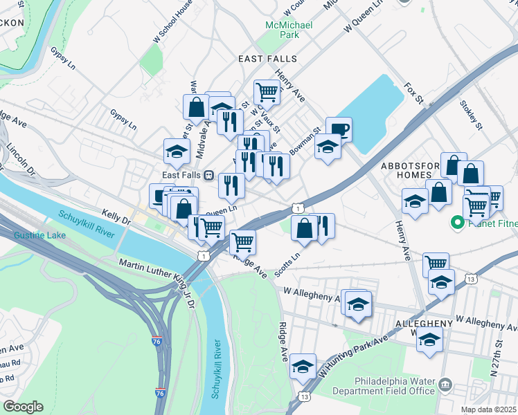 map of restaurants, bars, coffee shops, grocery stores, and more near 3544 Indian Queen Lane in Philadelphia